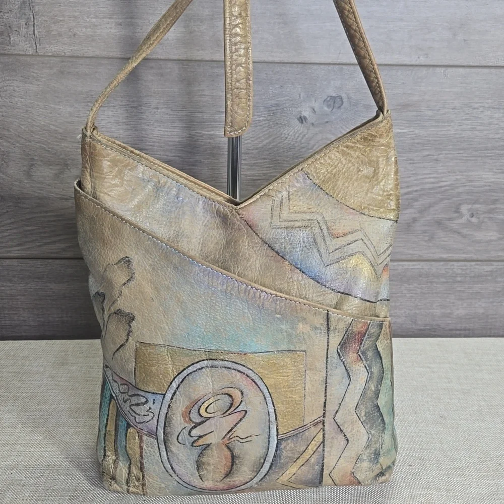 Anuschka Hand Painted Tan Leather Shoulder Bag
